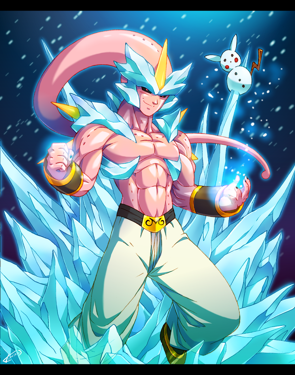 1boy abs demon dragon_ball dragonball_z evil fist fusion gradient_background head_tail ice kyurem majin_buu muscle night pikachu pink_skin pokemon smile snow solo tomycase topless