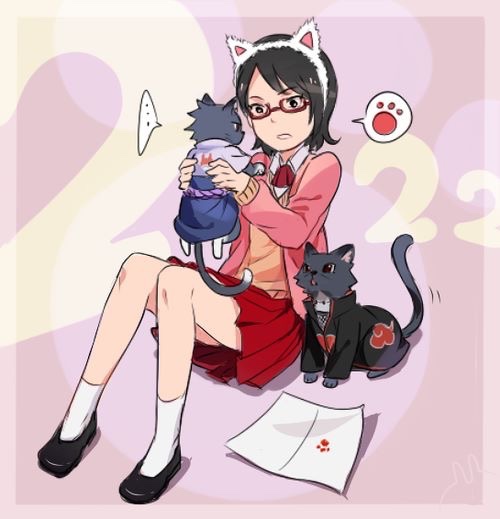 1girl animalization black_hair cat cat_ears glasses naruto skirt solo tagme uchiha_itachi uchiha_sarada uchiha_sasuke