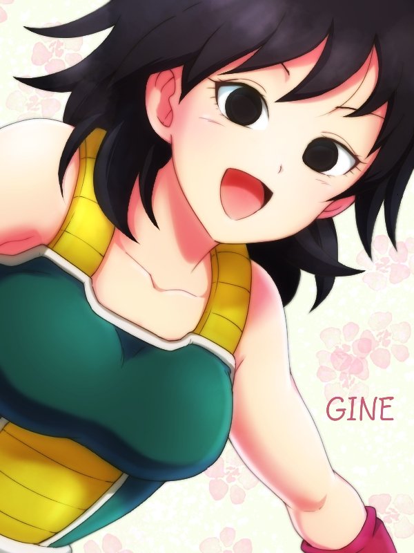 1girl :d armor arms_at_sides bare_arms bare_shoulders black_eyes black_hair breasts character_name collarbone commentary dragon_ball dragon_ball_minus dragon_ball_super_broly dutch_angle eyelashes floral_background flower gine gradient gradient_background hair_between_eyes happy leaning leaning_forward looking_at_viewer medium_breasts medium_hair messy_hair open_mouth pink_background pink_flower shaded_face simple_background smile solo tomomon_(badatomo) upper_body white_background wristband