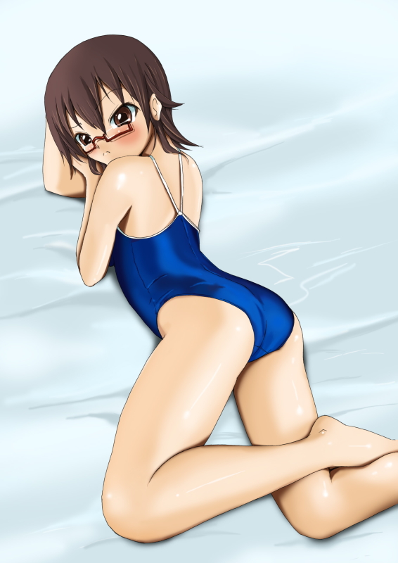 ass brown_eyes brown_hair glasses k-on! lying manabe_nodoka marubonman short_hair swimsuit