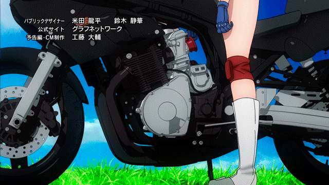 1girl animated animated_gif bikini boots bouncing_breasts bra breasts elbow_pads female ground_vehicle headwear_removed helmet helmet_removed kiba_mikoto knee_pads large_breasts long_hair motor_vehicle motorcycle panties sky solo standing swimsuit triage_x under_boob underwear white_hair