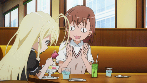2girls :3 animated animated_gif antenna_hair blonde_hair brown_hair child clapping febrie food ice_cream misaka_mikoto multiple_girls to_aru_kagaku_no_railgun to_aru_kagaku_no_railgun_s to_aru_majutsu_no_index
