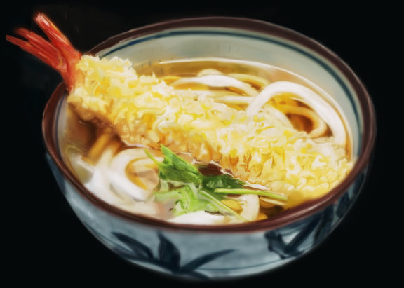 bowl food no_humans noodles realistic shrimp still_life tempura udon