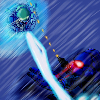 battle blue_comet_spt_layzner blue_destiny_01 chibi crossover firing gun gundam gundam_side_story:_the_blue_destiny layzner lowres mecha shield weapon