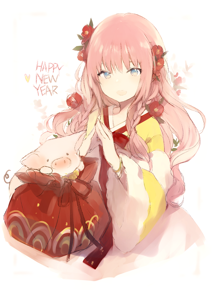 1girl :d animal bangle bangs blue_eyes blush bracelet braid chinese_zodiac commentary english_text eyebrows_visible_through_hair fingernails flower fur-trimmed_sleeves fur_trim hair_flower hair_ornament hands_up happy_new_year japanese_clothes jewelry kimono long_hair long_sleeves looking_at_viewer lpip new_year open_mouth original own_hands_together pig pink_hair red_flower side_braid single_braid smile solo steepled_fingers upper_body very_long_hair white_background wide_sleeves year_of_the_pig yellow_kimono