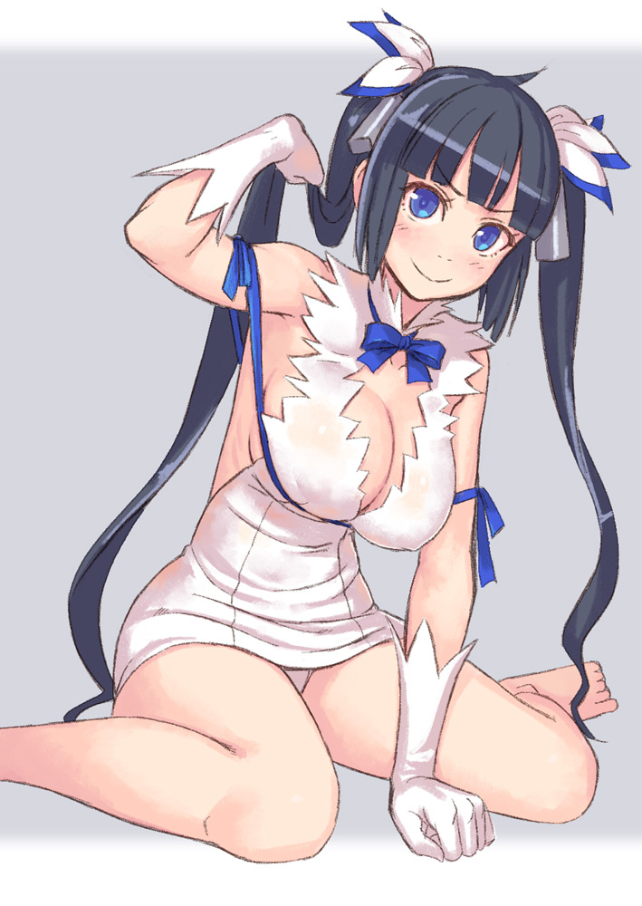 1girl and black_hair blue_eyes breasts dungeon_ni_deai_wo_motomeru_no_wa_machigatteiru_darou_ka gloves hestia_(danmachi) large_breasts tied_hair twintails