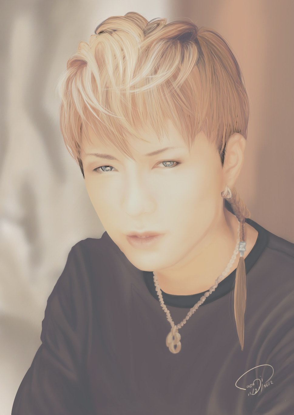10s 1boy 2012 black_shirt blonde_hair blue_eyes contacts earring gackt j-rock jewelry looking_at_viewer male_focus musician necklace photorealistic realistic shirt solo