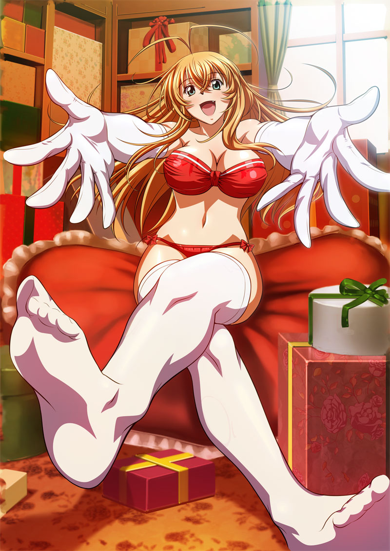 00s 1girl ahoge aqua_eyes bare_shoulders blonde_hair breasts cleavage elbow_gloves fang feet female gloves ikkitousen large_breasts long_hair looking_at_viewer navel no_shoes official_art open_mouth sitting smile solo sonsaku_hakufu tagme thigh-highs toes