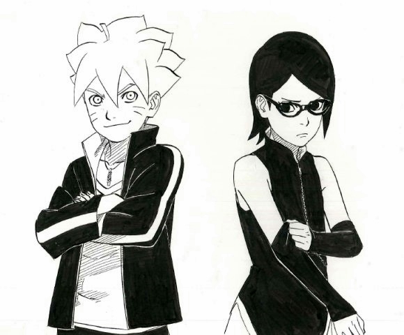 1boy 1girl ahoge bare_shoulders crossed_arms detached_sleeves glasses kishimoto_masashi naruto official_art sketch spiky_hair uchiha_sarada uzumaki_boruto whiskers