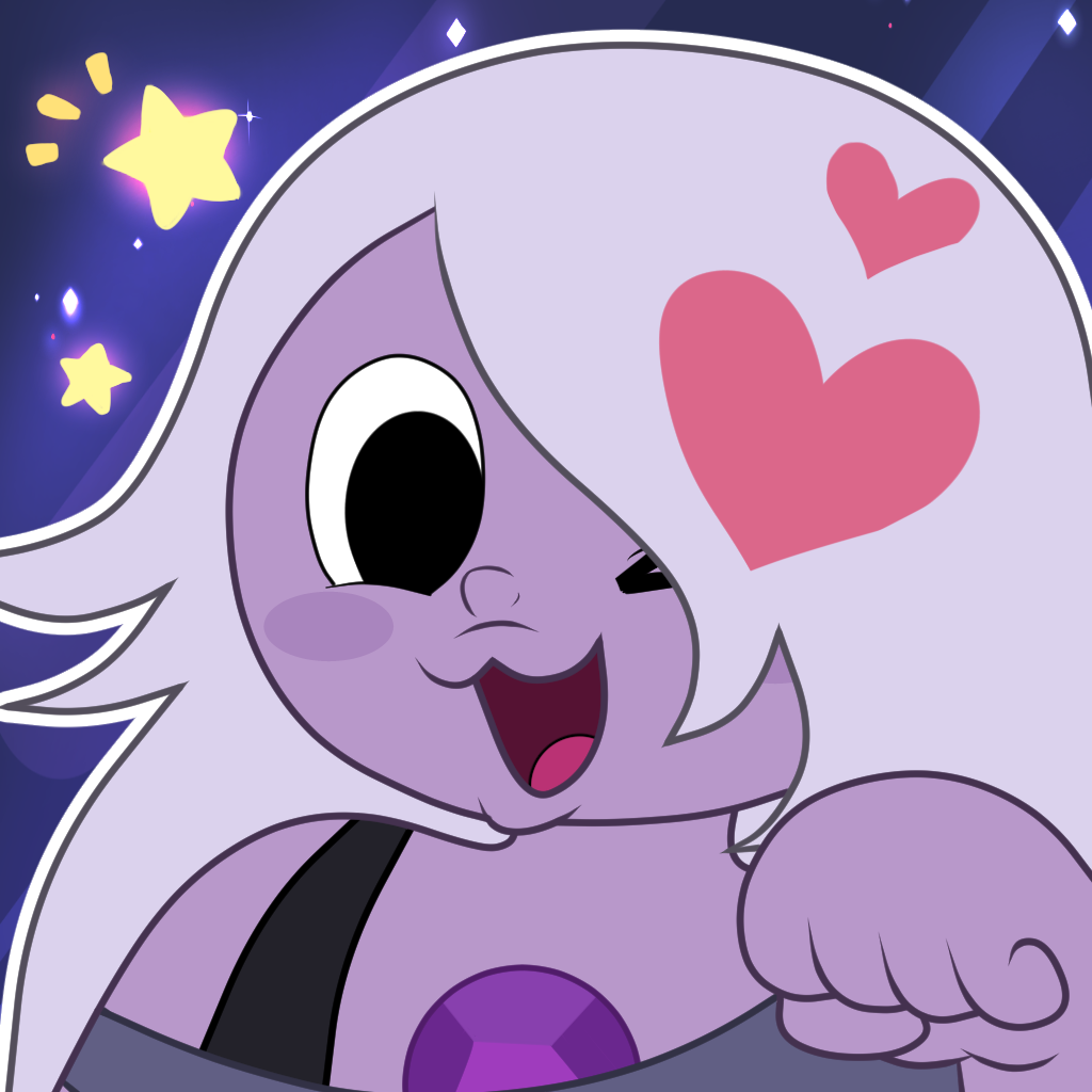 1girl amethyst_(steven_universe) blush blush_stickers bra_strap check_commentary gem happy heart momo_(artist) off_shoulder one_eye_closed open_mouth paw_pose smile solo star steven_universe