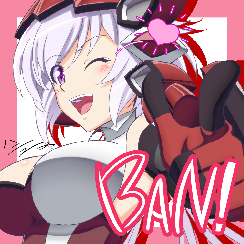 1girl bare_shoulders blush bodysuit border breasts cleavage elbow_gloves engrish finger_gun gloves grin h-new heart large_breasts long_hair open_mouth outside_border pointing ranguage senki_zesshou_symphogear smile solo teeth tied_hair twintails upper_body violet_eyes white_hair wink yukine_chris