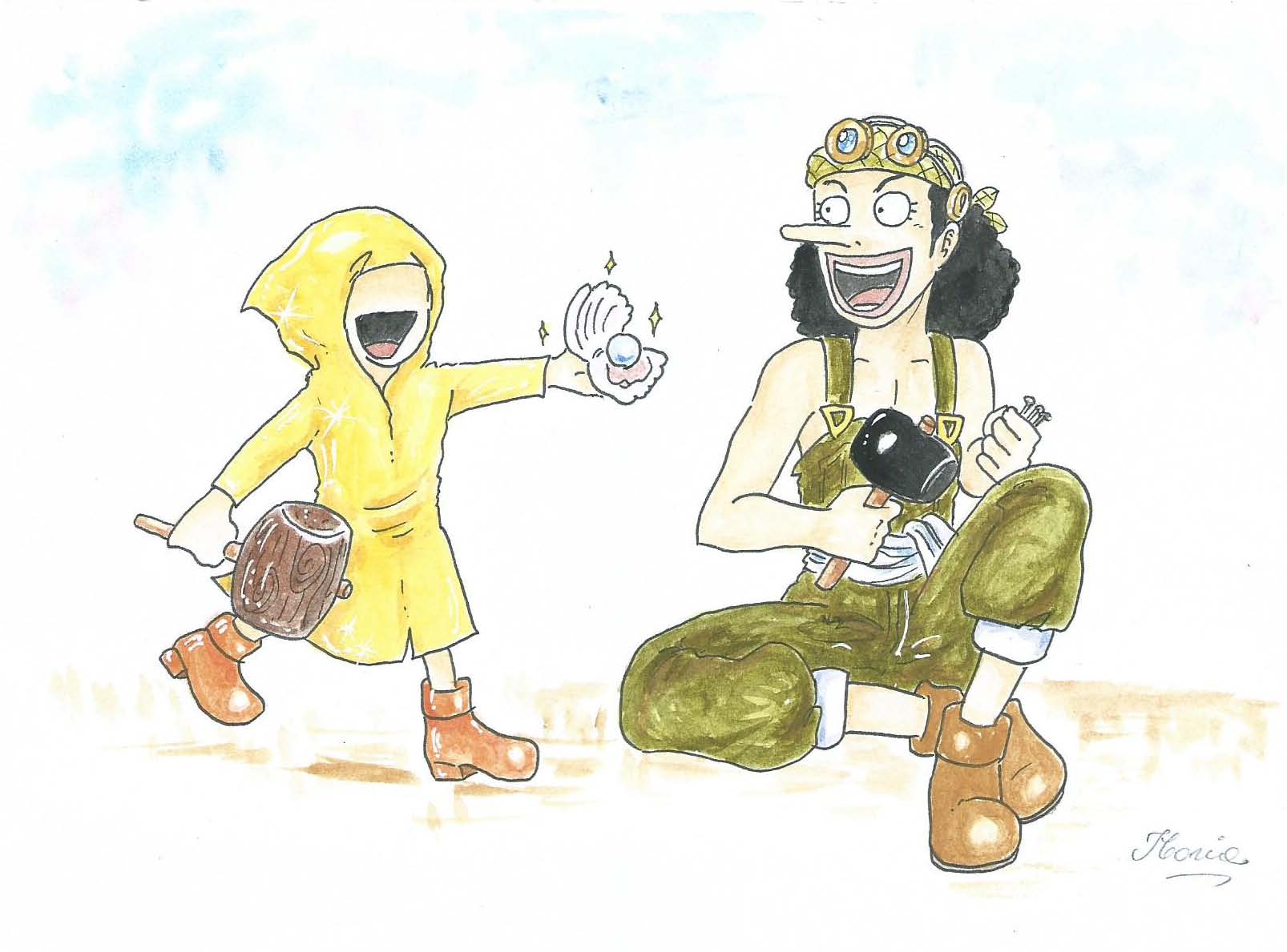 1boy black_hair clam goggles going_merry hammer one_piece pearl smile traditional_media usopp