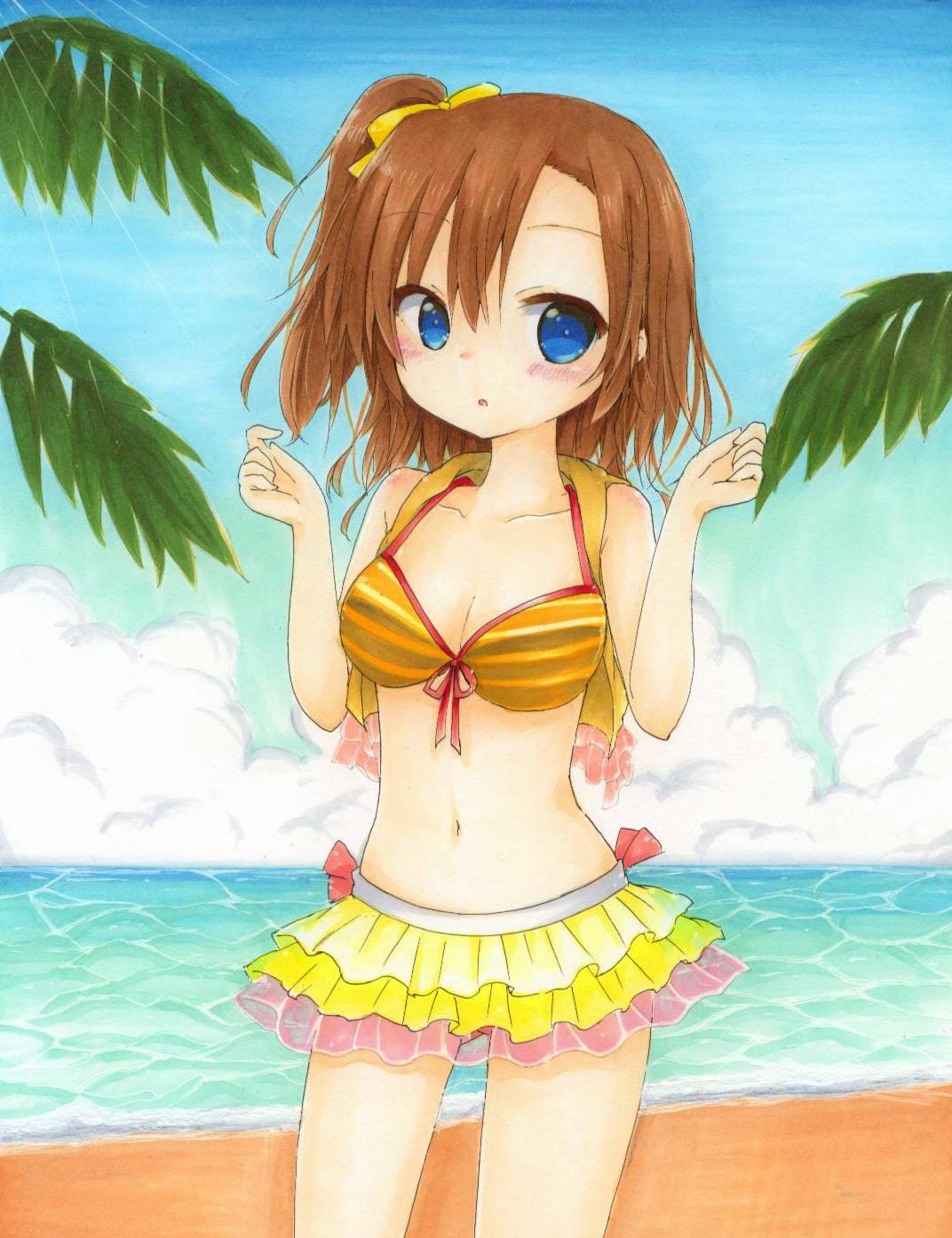 1girl beach bikini blue_eyes breasts cleavage flower hair_flower hair_ornament jewelry kinoko0120 kousaka_honoka love_live!_school_idol_project natsuiro_egao_de_1_2_jump! navel orange_bikini orange_hair ribbon side_ponytail swimsuit