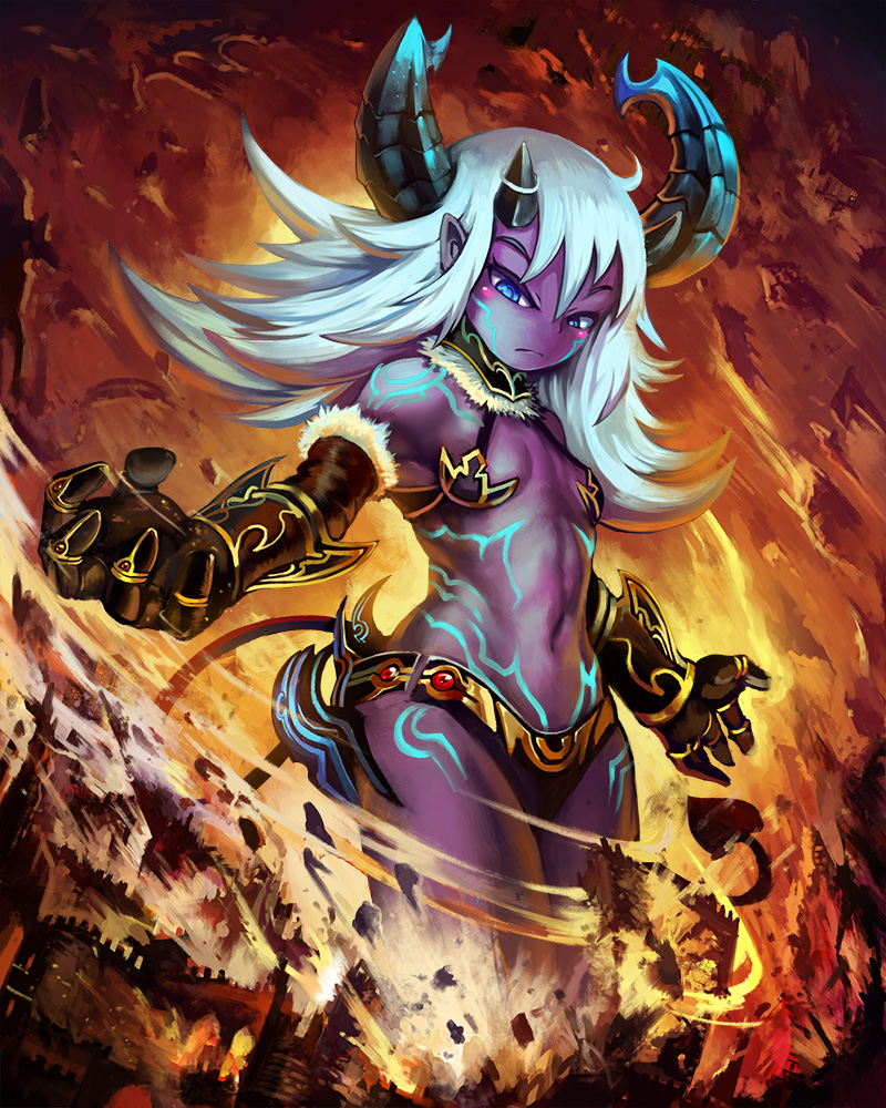 1girl blue_eyes breasts cleavage demon demon_girl female giantess horns original purple_skin silver_hair small_breasts solo tail yilx