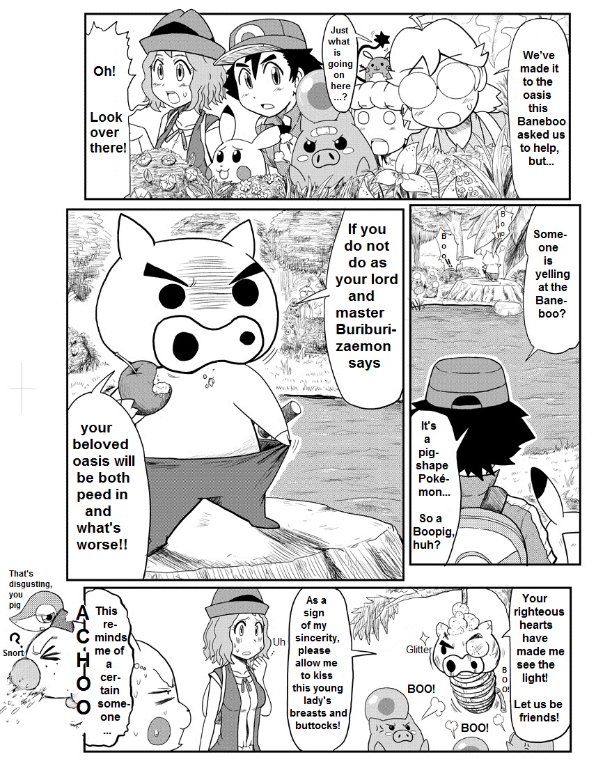 2boys 2girls angry apple bandaid baseball_cap blush blush_stickers buriburizaemon citron_(pokemon) crayon_shin-chan crossover eureka_(pokemon) food forest fruit gouguru hanging hard_translated hat multiple_boys multiple_girls nature outdoors pig pig_snout pikachu pokemon satoshi_(pokemon) serena_(pokemon) speech_bubble text translated