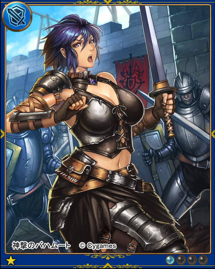 1girl bare_shoulders blue_hair breasts cleavage female fighting_stance large_breasts lieqi_hun looking_at_viewer midriff navel open_mouth short_hair shouting solo sword violet_eyes