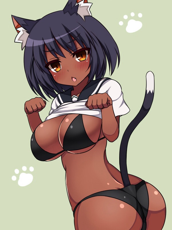 1girl animal_ears ass bikini bikini_under_clothes black_bra black_hair black_panties blush bra breasts cat_ears cat_tail dark_skin fang female green_background haniwagi_(hal) large_breasts looking_at_viewer md5_mismatch open_clothes open_mouth original panties paw_pose paw_print shirt_lift short_hair simple_background solo swimsuit tail tooth underwear yellow_eyes