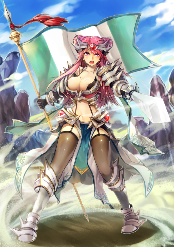 aciel02 armor bikini_armor breasts gauntlets large_breasts long_hair pink_eyes pink_hair shouting spear sword
