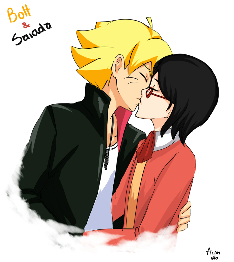 1boy 1girl acam-wo glasses kiss naruto simple_background uchiha_sarada uzumaki_boruto whiskers