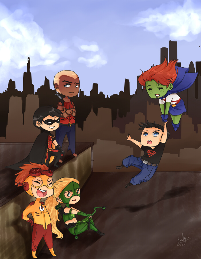 4boys alien aqua_lad artemis_crock black_hair blonde_hair bodysuit bow_(weapon) chibi dark_skin dc_comics dick_grayson domino_mask flying goggles green_skin kaldur'ahm kid_flash mask miss_martian multiple_boys ponytail redhead robin_(dc) smile superboy wally_west weapon young_justice:_invasion