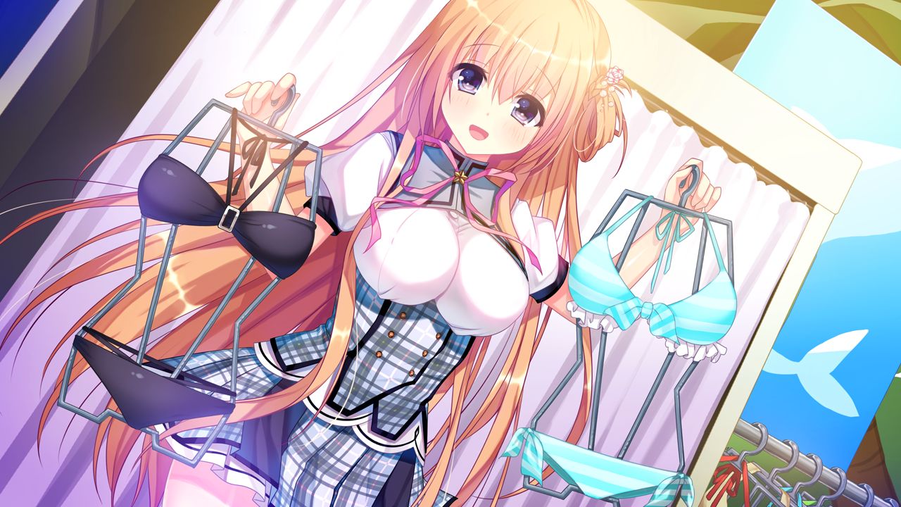 1girl bikini blush breasts clothes_hanger clothes_in_front dressing_room female game_cg kino_(kino_konomi) kino_konomi konomi_(kino_konomi) large_breasts legs long_hair looking_at_viewer open_mouth orange_hair school_uniform shinonome_setsuna shirogane_x_spirits shop shopping skirt smile solo standing swimsuit thighs violet_eyes