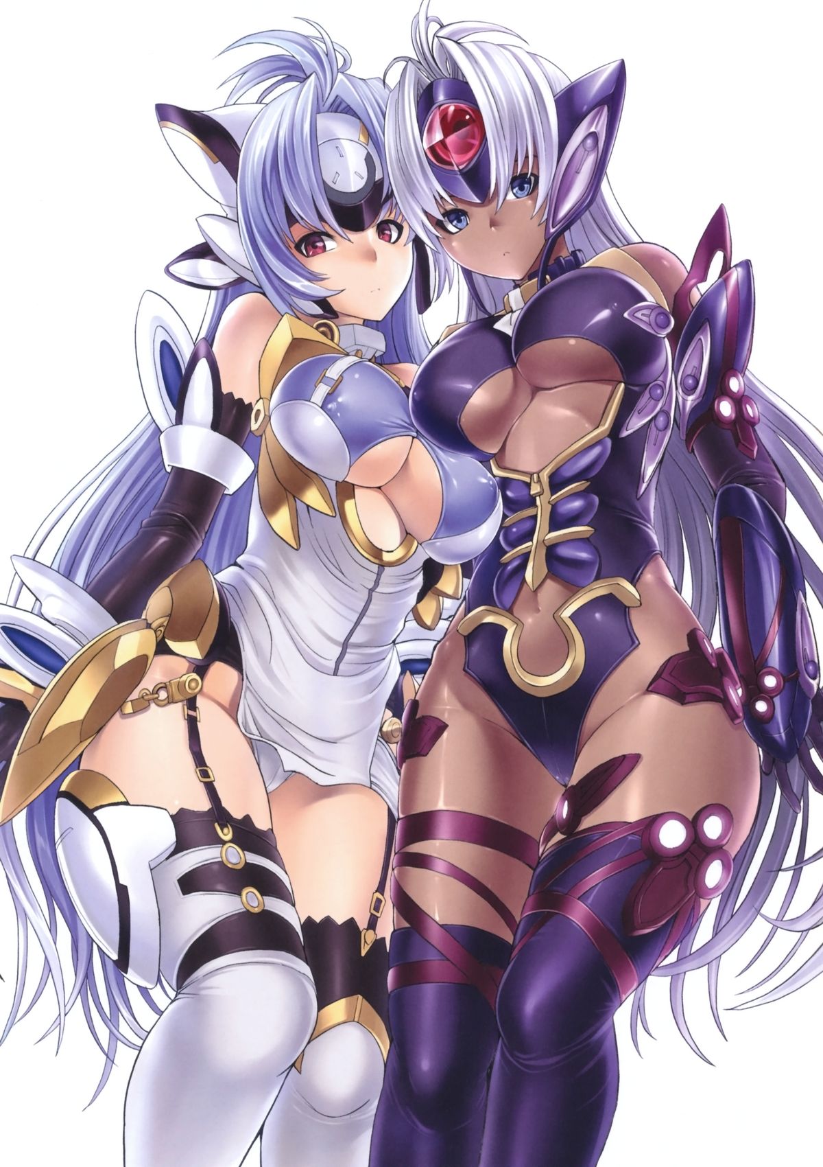 2girls armor blue_eyes blue_hair breasts dark_skin hakaba_(dairiseki) kos-mos large_breasts multiple_girls red_eyes t-elos white_hair xeno_(series) xenosaga