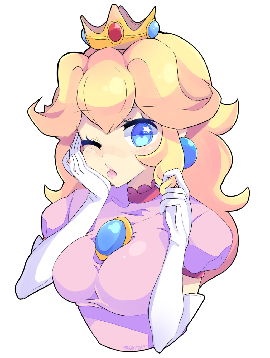 1girl blonde_hair blue_eyes breasts crown earrings elbow_gloves female gloves jewelry large_breasts lips long_hair super_mario_bros. one_eye_closed princess_peach puffy_sleeves solo super_mario_bros. white_gloves