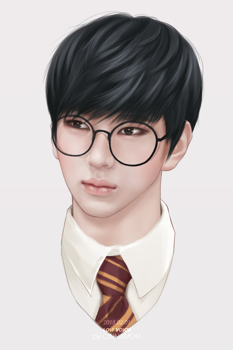 10s 1boy 2015 bangs black_hair brown_eyes cosplay glasses harry_potter k-pop leo_(vixx) male_focus necktie portrait realistic simple_background solo vixx