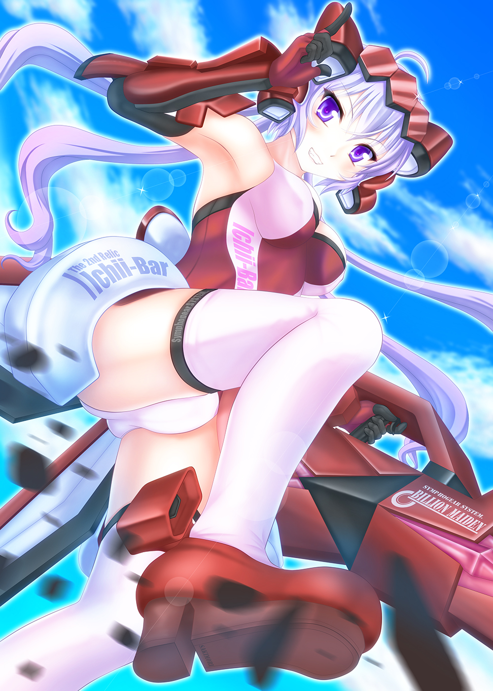 1girl ahoge armpits ass bare_shoulders blush bodysuit breasts cleavage clouds english female from_below gatling_gun grin gun lavender_hair lens_flare long_hair looking_at_viewer motion_blur panties pointing quad_tails senki_zesshou_symphogear shoes sky smile solo sooichi_(diabolicemission) teeth thigh-highs twintails underwear violet_eyes weapon white_panties yukine_chris