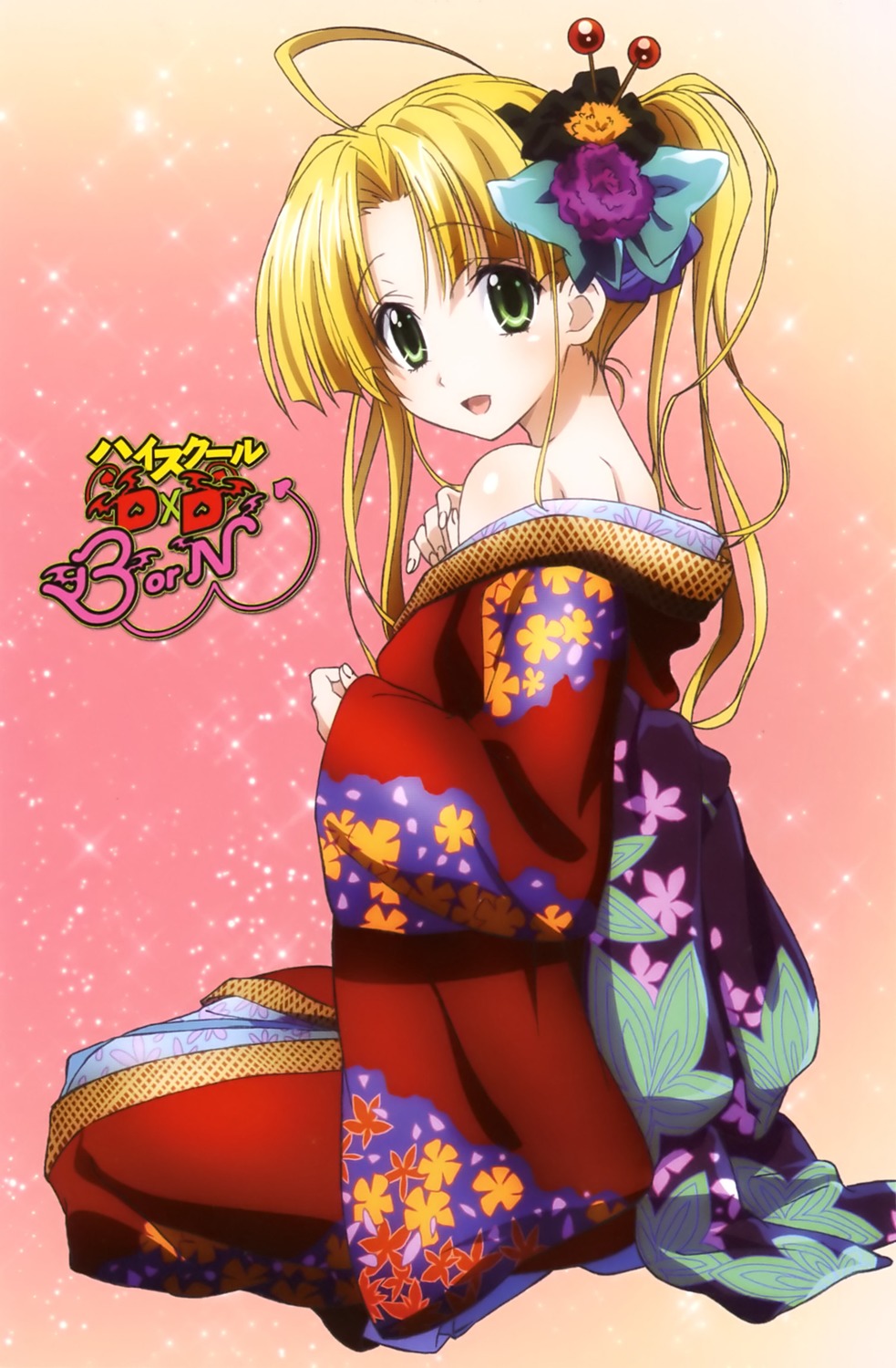 1girl ahoge alternate_costume alternate_hairstyle artist_request asia_argento blonde_hair female flower green_eyes hair_flower hair_ornament high_school_dxd japanese_clothes kimono long_hair looking_at_viewer looking_back off_shoulder official_art open_mouth ponytail resized smile wide_sleeves
