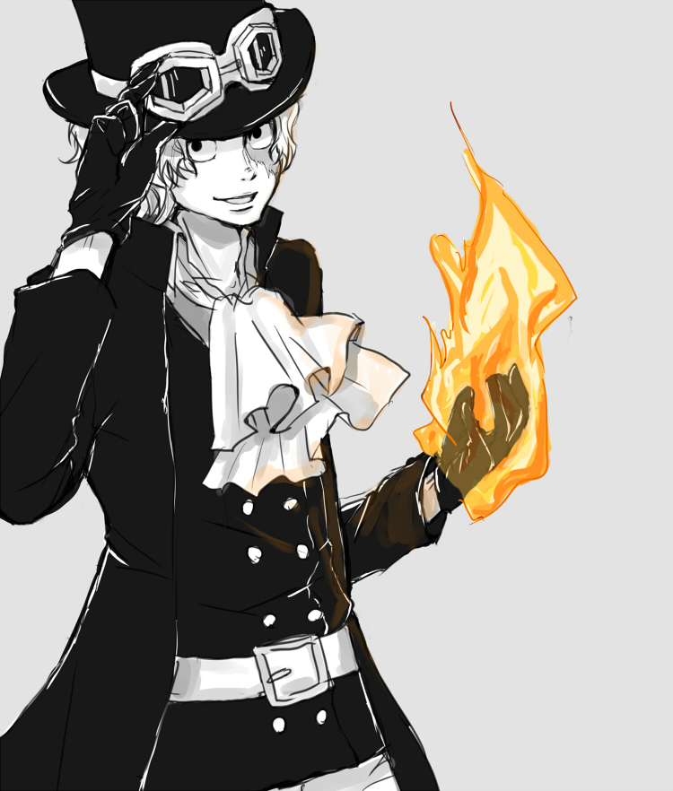 1boy fire gloves goggles goggles_on_hat hand_on_headwear hat male_focus one_piece sabo_(one_piece) solo spot_color top_hat