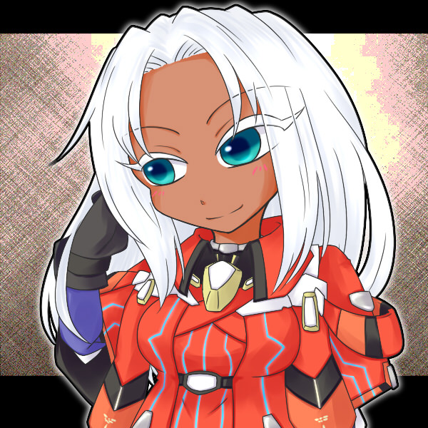 1girl armor blue_eyes breasts chibi colored_eyelashes dark_skin elma_(xenoblade_x) eyelashes long_hair lore nintendo smile solo white_eyelashes white_hair xenoblade xenoblade_chronicles_x