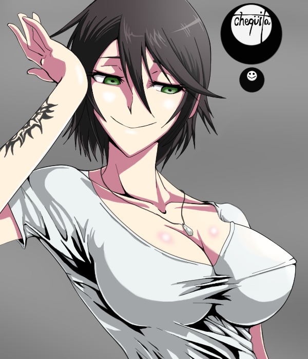 1girl artist_request black_hair breasts chequita cleavage female green_eyes jewelry jormungand large_breasts necklace short_hair simple_background smile solo tattoo