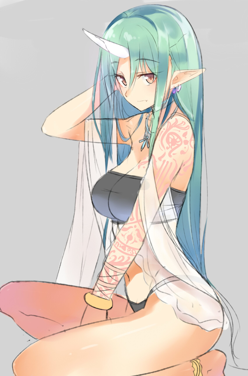 adjusting_hair breasts character_request earrings green_hair horn isshiki_(ffmania7) jewelry long_hair necklace pointy_ears source_request tagme tattoo tubetop yellow_eyes