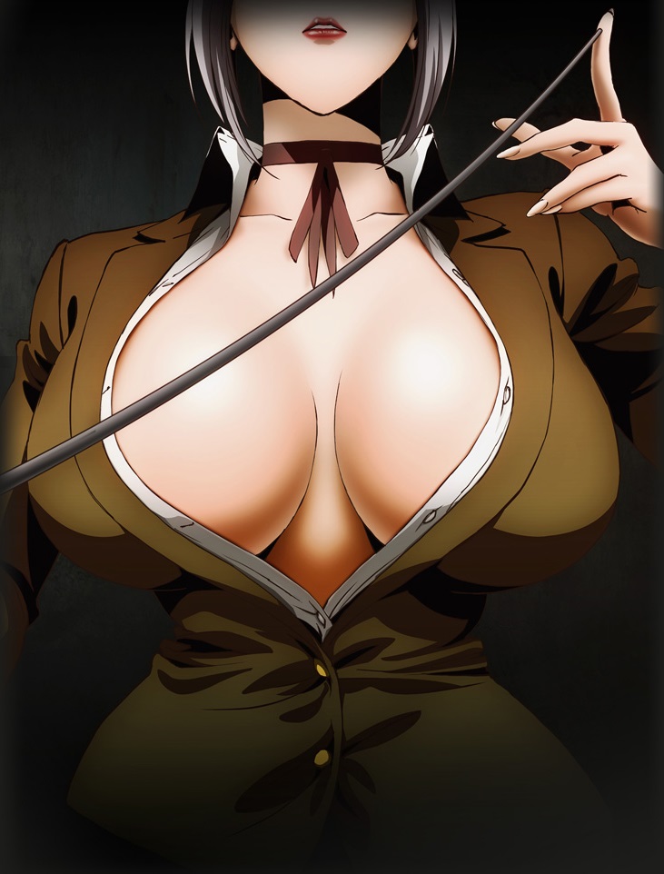 1girl artist_request breasts center_opening choker cleavage female head_out_of_frame huge_breasts lips no_bra official_art open_clothes open_shirt prison_school ribbon_choker school_uniform shiraki_meiko shirt silver_hair simple_background solo unbuttoned