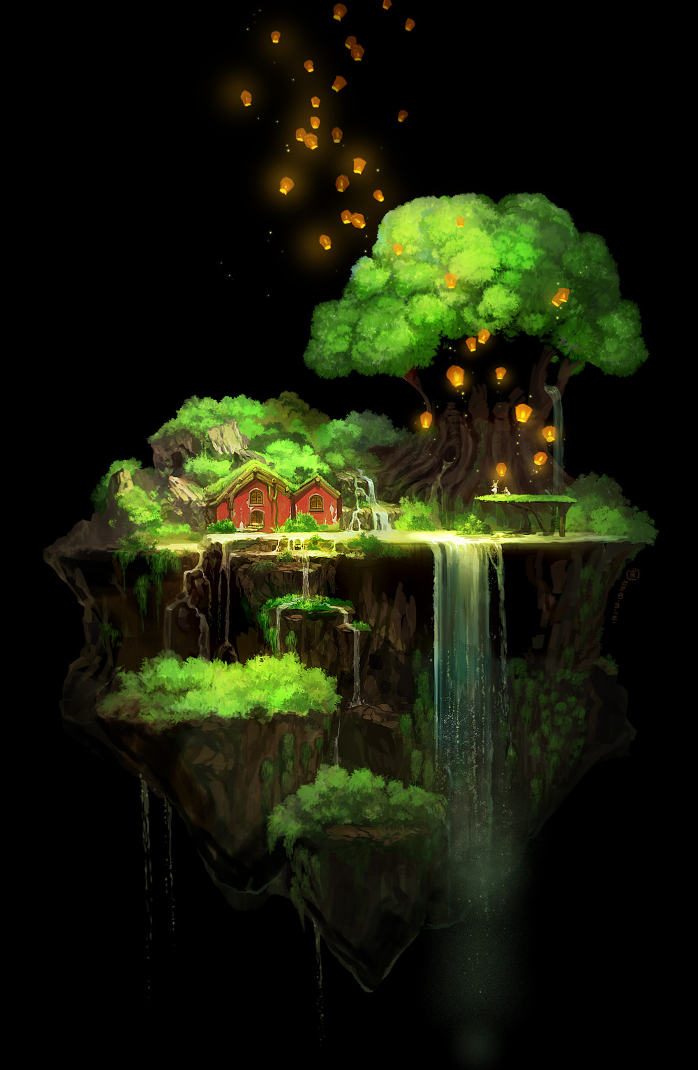 fantasy floating_island house mugon no_humans original scenery tree water waterfall