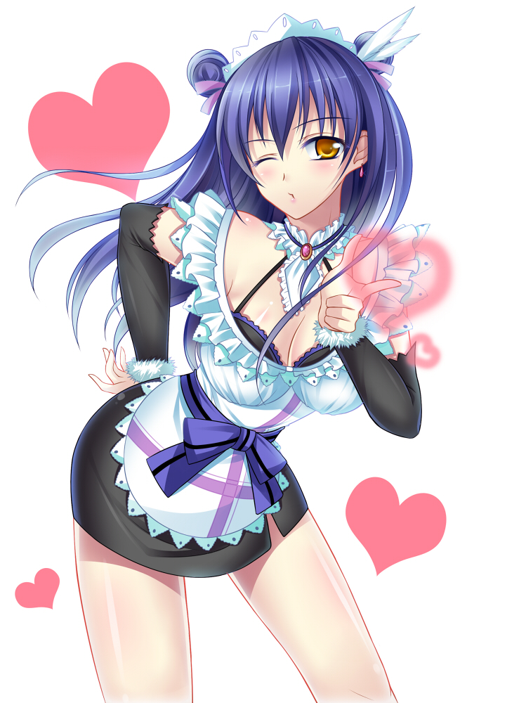 1girl blue_hair breasts cleavage heart jewelry long_hair looking_at_viewer love_live! love_live!_school_idol_project maid mogyutto_"love"_de_sekkin_chuu! no_shoes one_eye_closed solo sonoda_umi tsukimi_kirara wink yellow_eyes