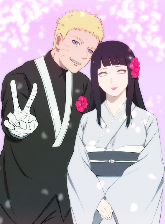 1boy 1girl bandaged_arm blonde_hair flower hair_flower hair_ornament hime_cut husband_and_wife hyuuga_hinata japanese_clothes kimono looking_at_viewer naruto naruto:_the_last purple_hair smile soda_(wilkinsontansan) spoilers uzumaki_naruto v whiskers