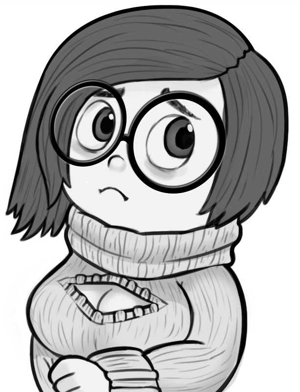 1girl breasts cleavage glasses inside_out livesmutanon monochrome pixar sadness_(inside_out)