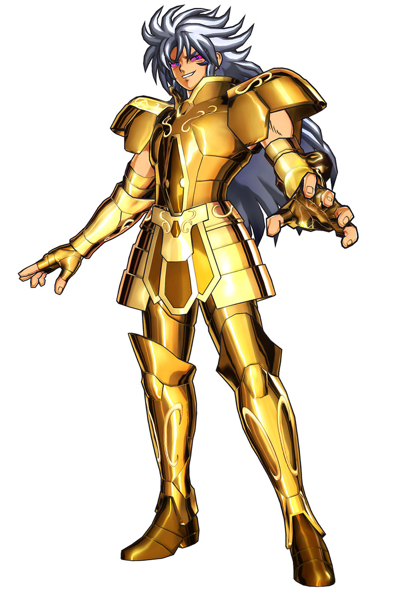 1boy armor evil evil_face full_armor gauntlets gemini gemini_saga gold gold_saint highres long_hair male_focus official_art official_artwork red_eyes saint_seiya saint_seiya:_brave_soldiers shoulder_pads smile solo white_hair