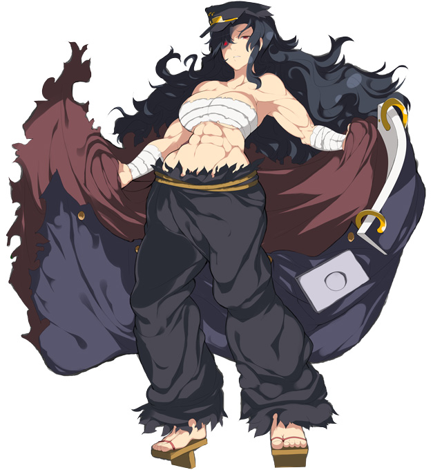 1girl abs banchou black_hair breasts cleavage daidouji_(senran_kagura) female full_body geta glowing glowing_eye hat long_hair muscle official_art pants red_eyes sarashi senran_kagura senran_kagura_(series) sitting solo tengu-geta