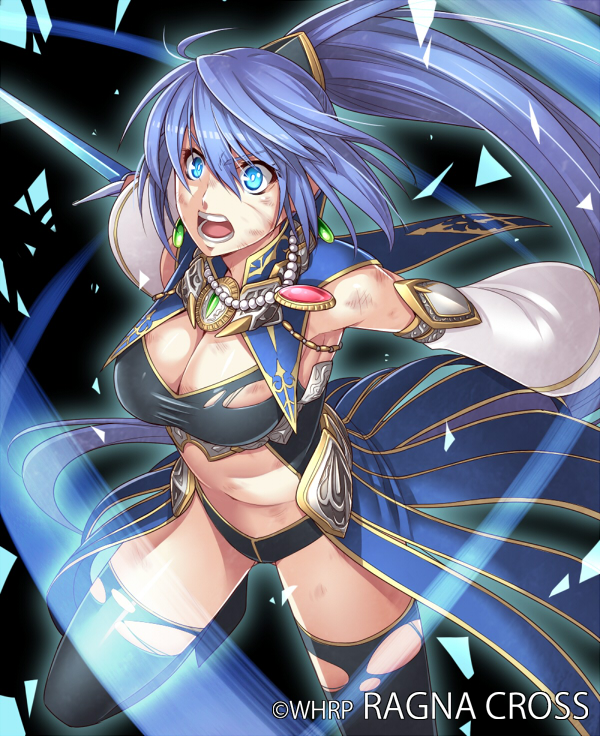 1girl attack black_legwear blue_eyes blue_hair breasts cleavage earrings female holding holding_sword holding_weapon jewelry keible large_breasts long_hair necklace open_mouth ponytail ragna_cross shouting solo sword thigh-highs torn_clothes torn_thighhighs watermark weapon