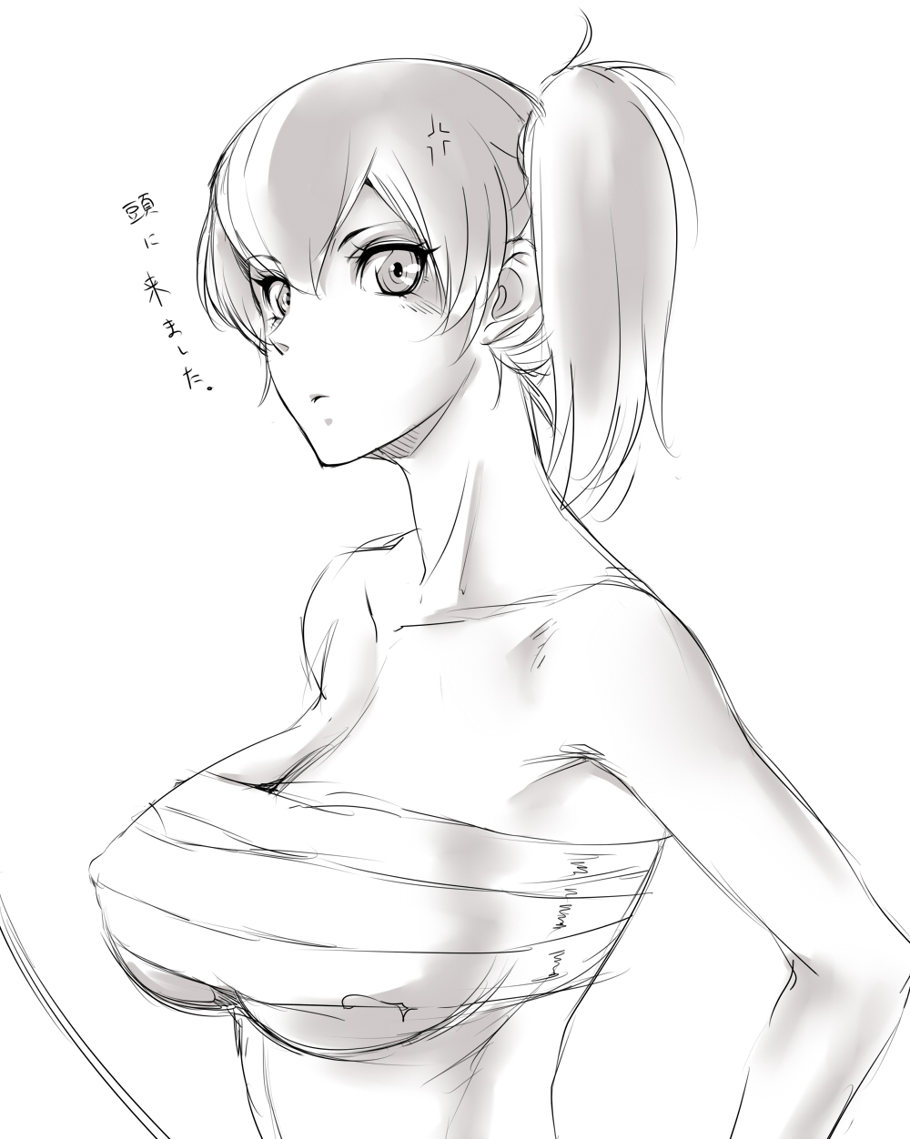 1girl anger_vein bow_(weapon) breasts highres kaga_(kantai_collection) kantai_collection large_breasts looking_at_viewer monochrome no_shirt sarashi shirtless side_ponytail sketch solo tuna21 upper_body weapon