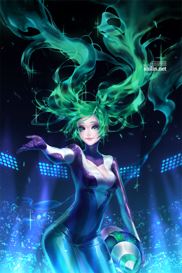 1girl bodysuit dj_sona female green_eyes green_hair league_of_legends long_hair looking_at_viewer shilin smile solo sona_buvelle twintails