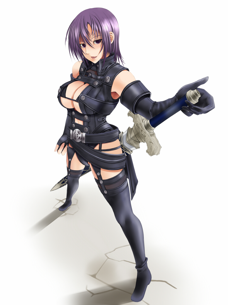bodysuit breasts copyright_request large_breasts purple_hair short_hair sword touka_nonni