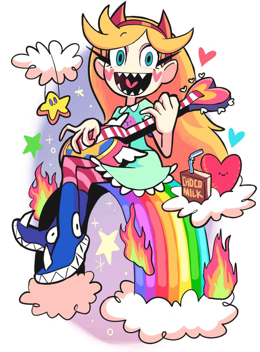 1girl blonde_hair clouds disney fangs gashi-gashi guitar hairband heart horns instrument juice_box rainbow sitting smile star_butterfly star_vs_the_forces_of_evil