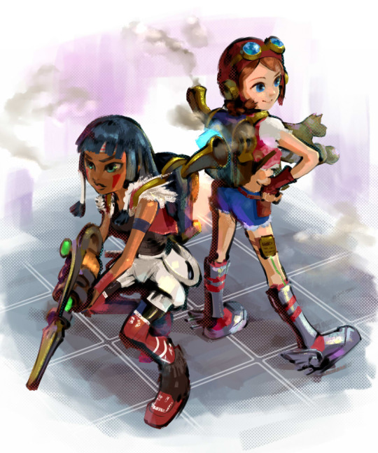 2girls black_hair blue_eyes breasts brown_hair code_name:_s.t.e.a.m dorothy_gale female green_eyes handheld_game_console long_hair multiple_girls nintendo nintendo_3ds spoilers tiger_lily