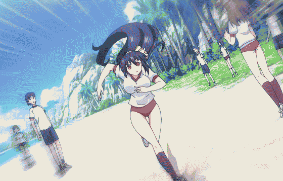 1girl absolute_duo animated animated_gif ass beach blue_hair bouncing_breasts breasts cameltoe gym_uniform long_hair running tachibana_tomoe_(absolute_duo)