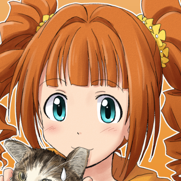 animal aqua_eyes biting cat drill_hair idolmaster orange_hair tagme takatsuki_yayoi tied_hair twintails