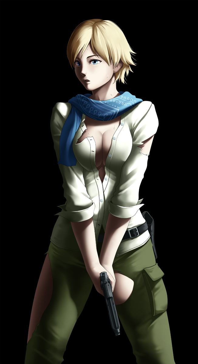 1girl black_background blonde_hair blue_eyes breasts cleavage female gun highres large_breasts legs looking_away no_bra pocket pose resident_evil resident_evil_6 scarf sherry_birkin short_hair simple_background solo standing sweatdrop thighs thor_(deep_rising) torn_clothes unbuttoned weapon